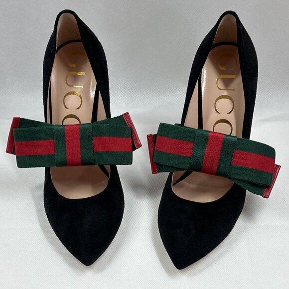 NIB Authentic Gucci Sylvie Black Suede Pumps with Green & Red Stripe Web Bow - Picture 3 of 15